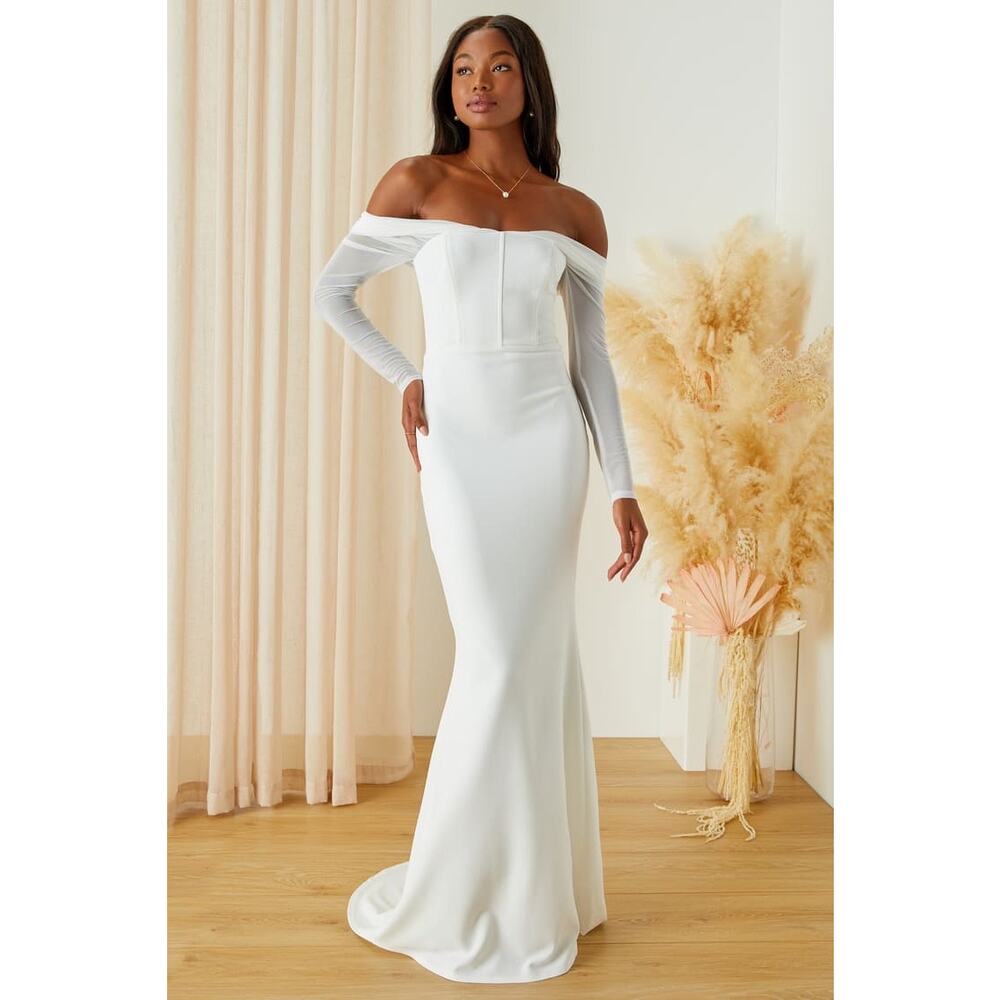 Lulu's White Off-the-Shoulder Long Sleeve Wedding Gown